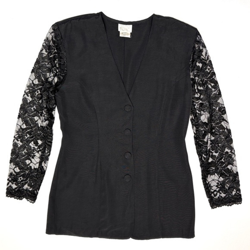 Vintage Moda International Black Long Blazer Sheer Lace Sleeves Office Sz 8